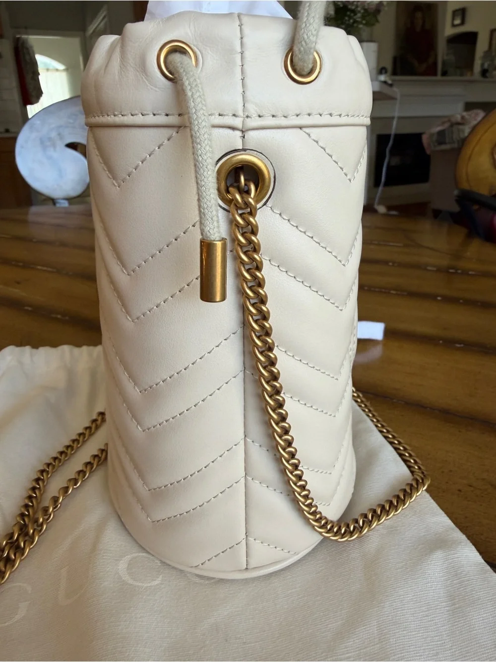 Gucci GG Marmont Mini Bucket Drawstring Bag – White, Chevron Quilted, Gold Chain